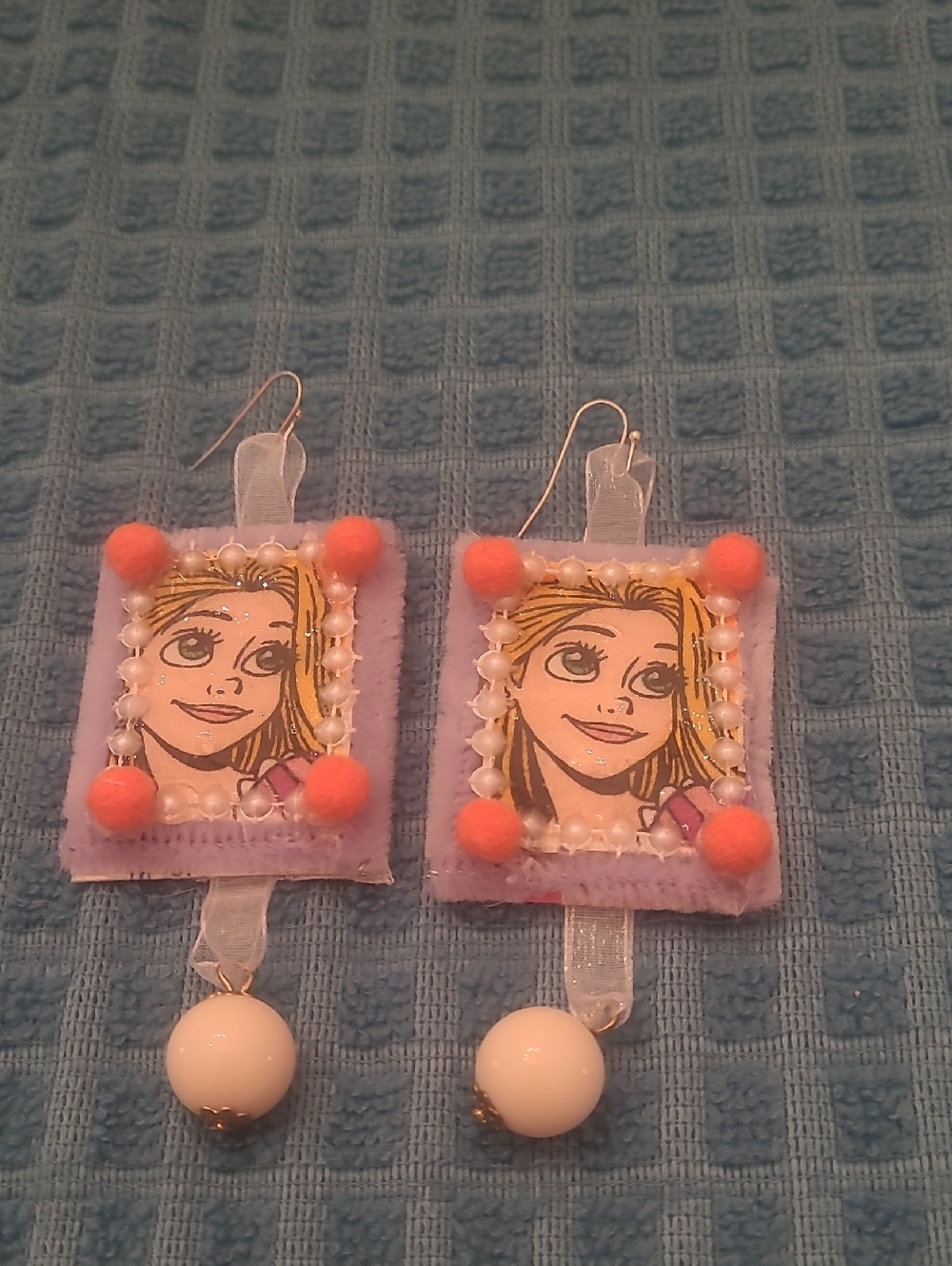 Playful Purple Cartoon Frame Drop Earrings with Coral Pom-Poms